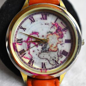 Accutime World Map Brown Leather 8.5" Band New Battery Unisex Watch